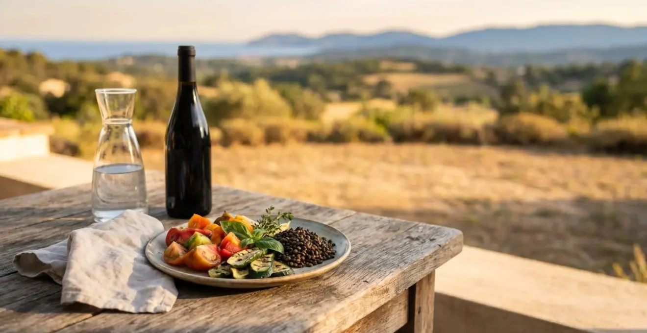 Composition culinaire estivale mettant en valeur des produits frais de saison français, évoquant l'alimentation durable en vacances