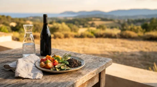 Composition culinaire estivale mettant en valeur des produits frais de saison français, évoquant l'alimentation durable en vacances