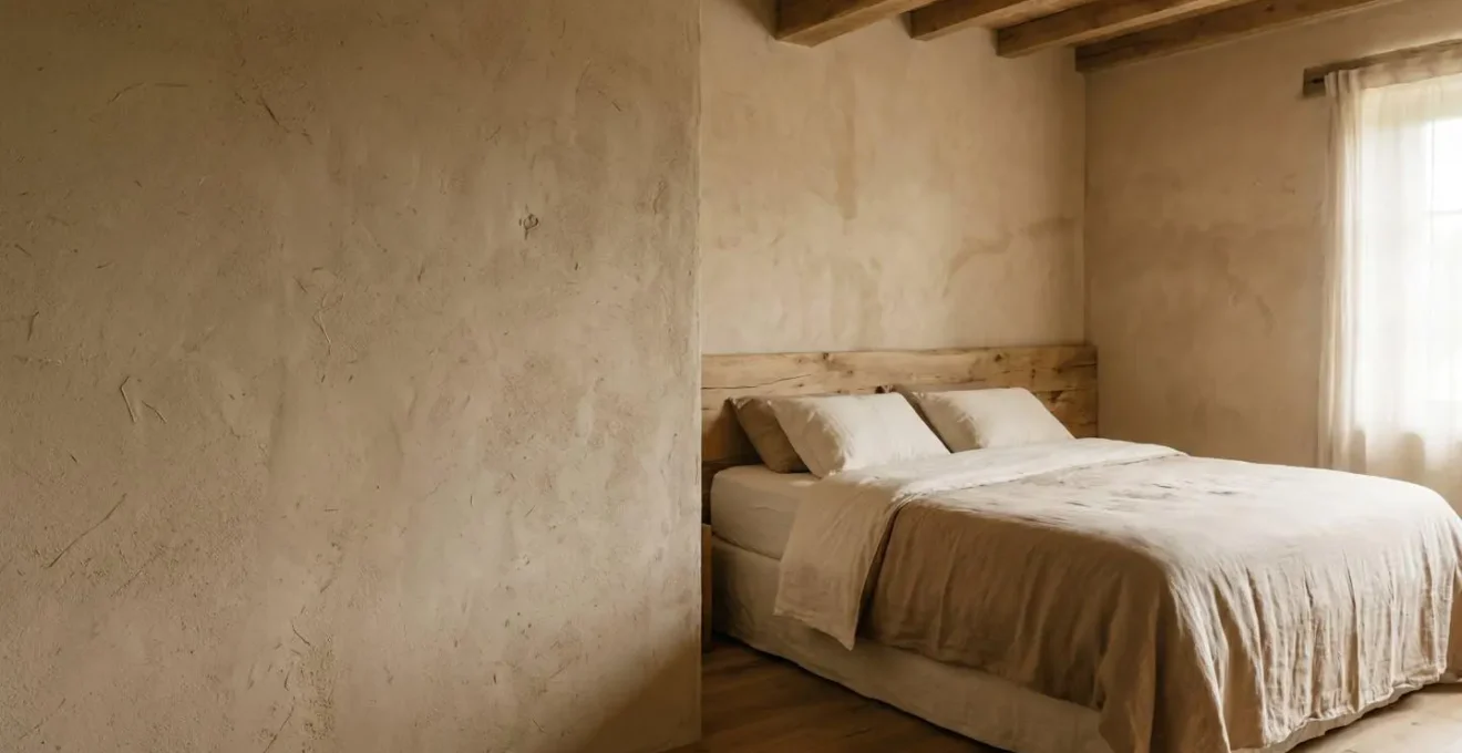 Intérieur d'une chambre à coucher écologique avec murs en matériaux naturels et literie en fibres biosourcées