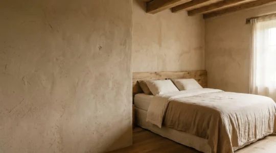 Intérieur d'une chambre à coucher écologique avec murs en matériaux naturels et literie en fibres biosourcées