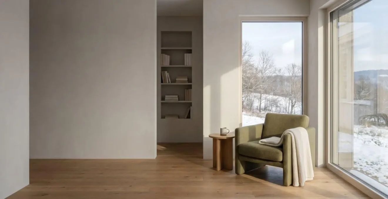 Intérieur lumineux d'une maison passive avec grande baie vitrée orientée sud, atmosphère sereine et confortable