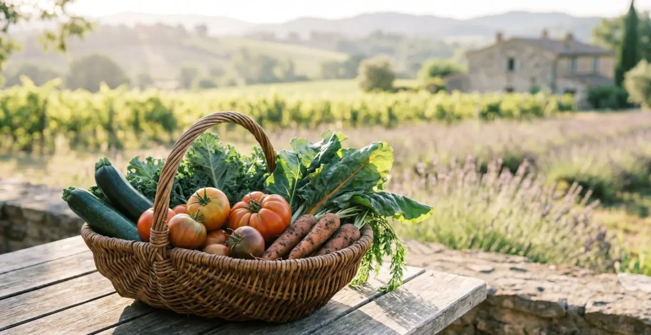 Panier rempli de légumes frais colorés du marché local posé sur une table en bois avec paysage estival français en arrière-plan