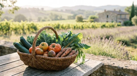 Panier rempli de légumes frais colorés du marché local posé sur une table en bois avec paysage estival français en arrière-plan