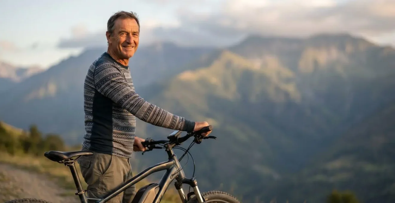 Cyclotouriste souriant sur un vélo électrique face à un paysage de montagne français