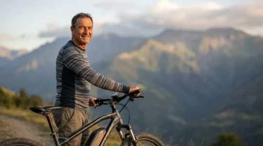 Cyclotouriste souriant sur un vélo électrique face à un paysage de montagne français
