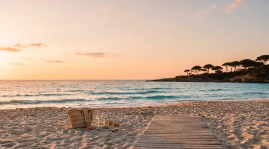 Plage française avec sable doré et eau turquoise, mettant en valeur la beauté naturelle préservée sans déchets plastiques