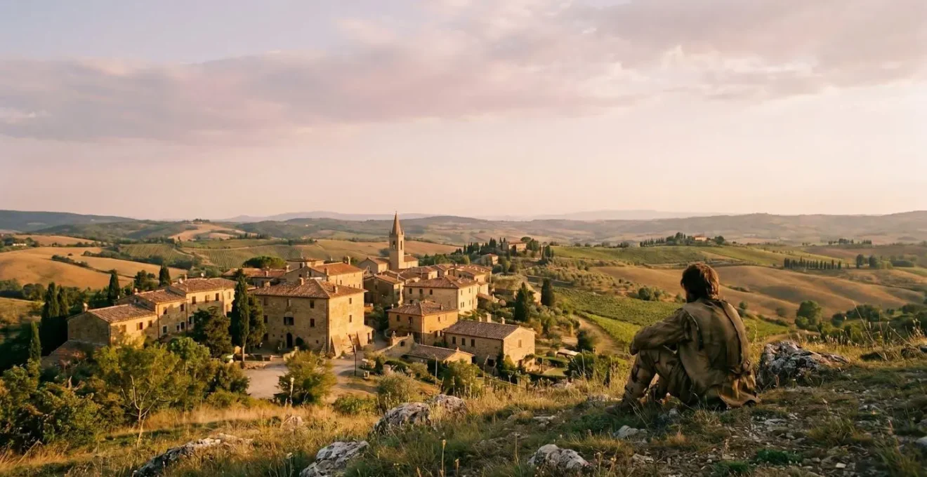 Une scène contemplative d'un voyageur observant respectueusement un village français préservé