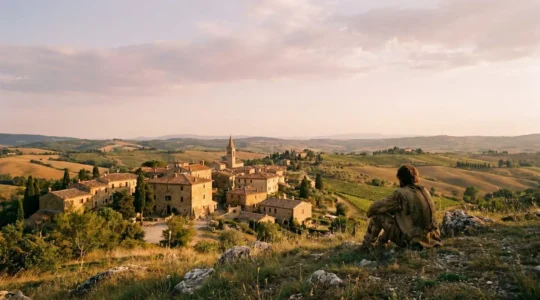 Une scène contemplative d'un voyageur observant respectueusement un village français préservé