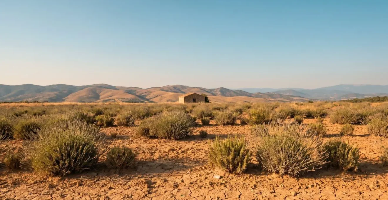 Scène estivale évoquant la sécheresse dans le sud de la France avec paysage méditerranéen et enjeux hydriques