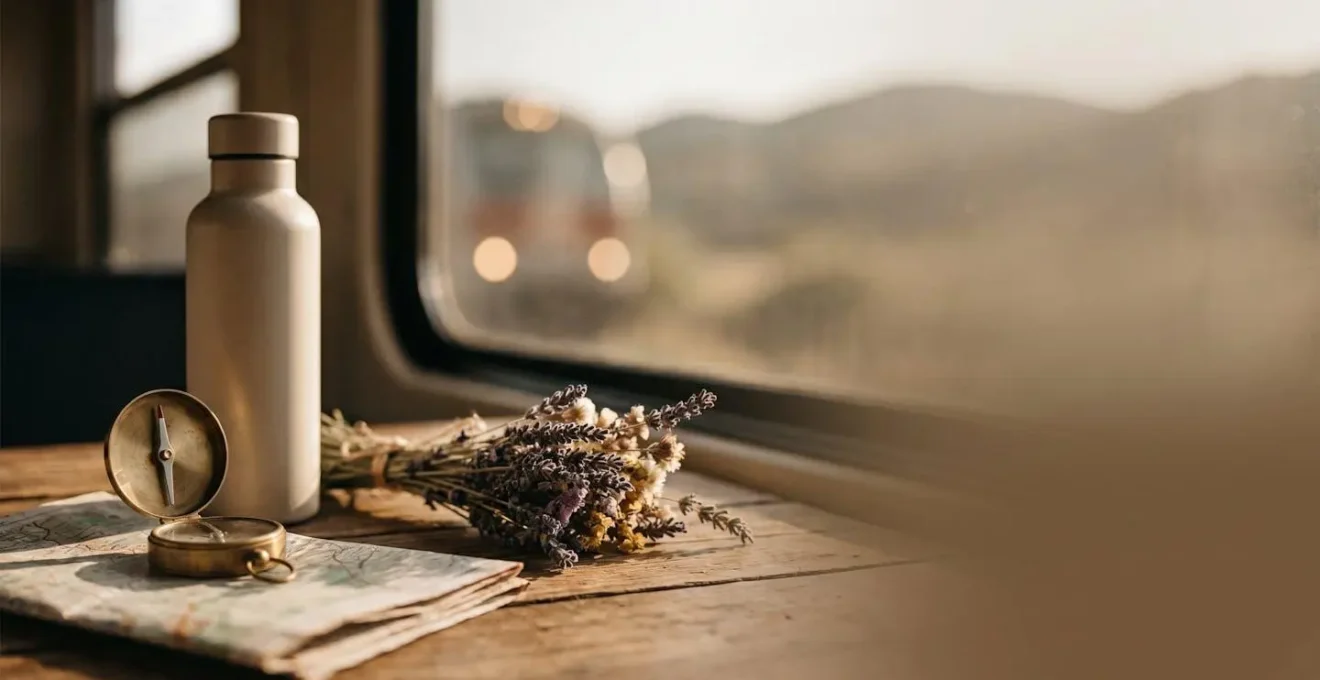 Scène symbolisant des vacances écologiques avec transport ferroviaire et nature préservée en France