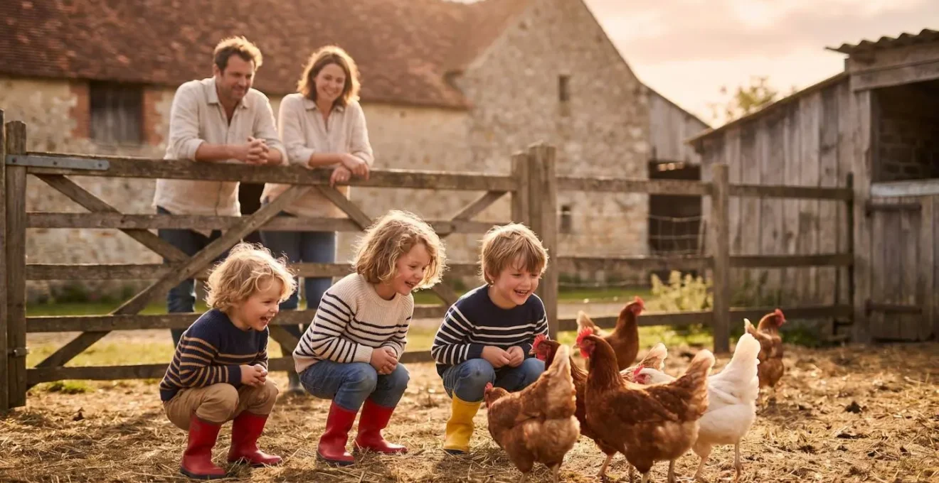 Famille avec enfants découvrant la vie agricole dans une ferme pédagogique française