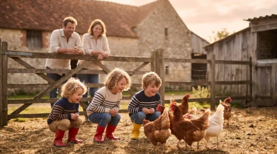 Famille avec enfants découvrant la vie agricole dans une ferme pédagogique française
