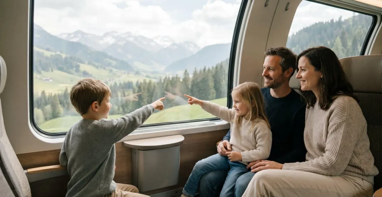 Famille française voyageant en train avec vue sur des paysages naturels de montagne en France, évoquant un tourisme écologique et accessible