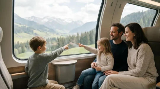 Famille française voyageant en train avec vue sur des paysages naturels de montagne en France, évoquant un tourisme écologique et accessible