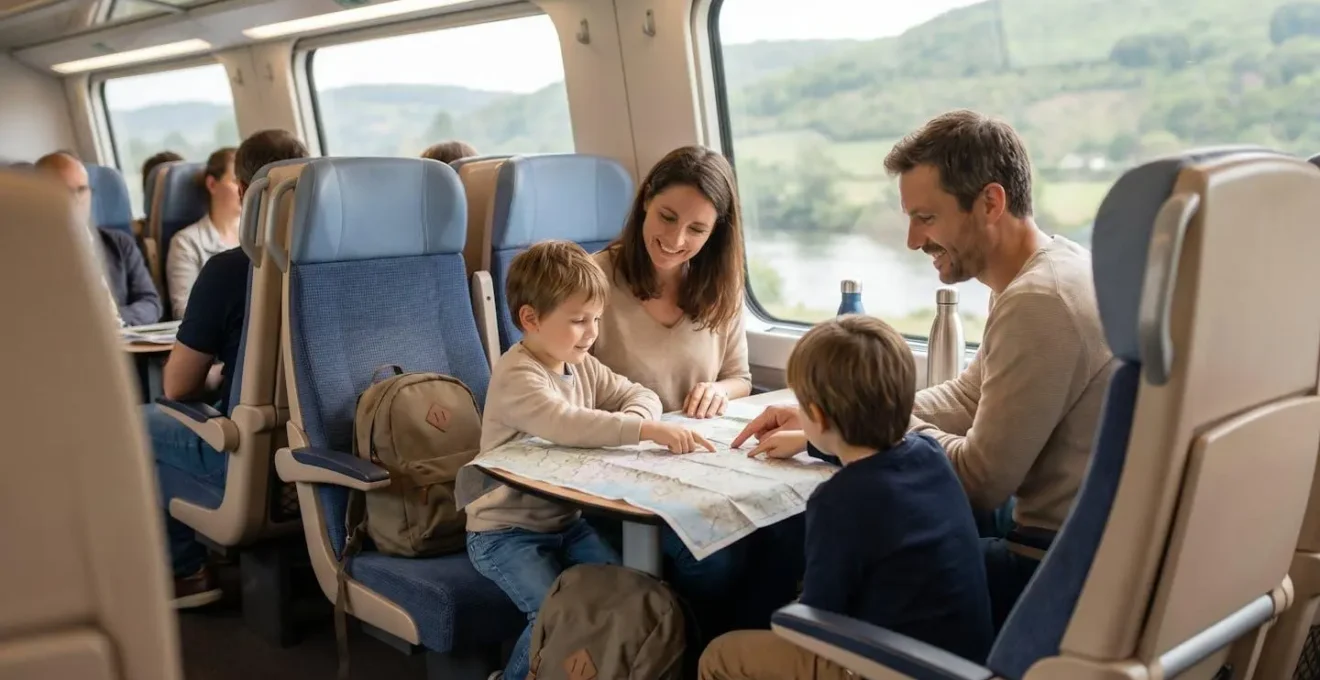 Famille avec deux jeunes enfants et bagages dans un espace de train moderne, voyageant sereinement en mobilité douce