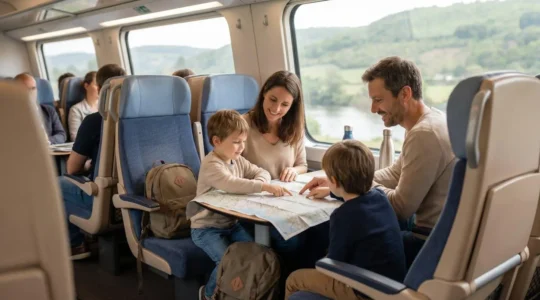 Famille avec deux jeunes enfants et bagages dans un espace de train moderne, voyageant sereinement en mobilité douce