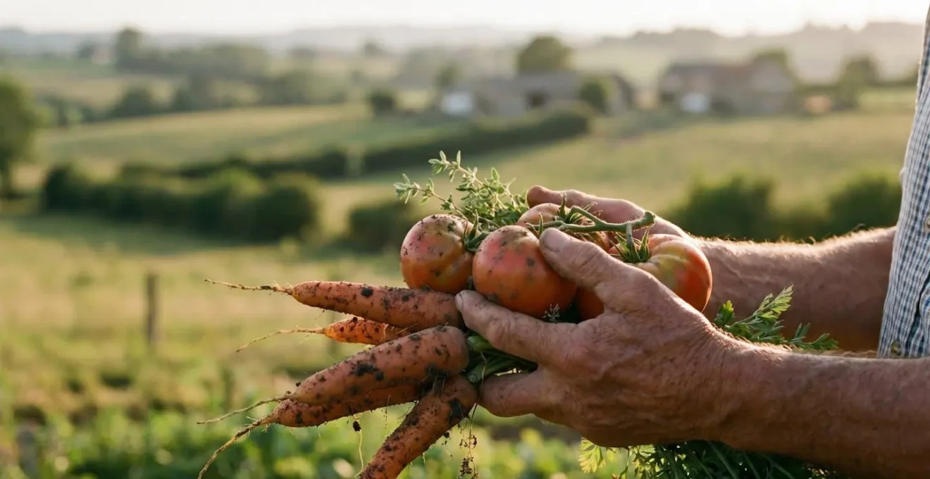 Main d'agriculteur tenant des légumes de saison fraîchement récoltés dans une ferme en agriculture paysanne