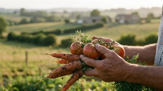 Main d'agriculteur tenant des légumes de saison fraîchement récoltés dans une ferme en agriculture paysanne