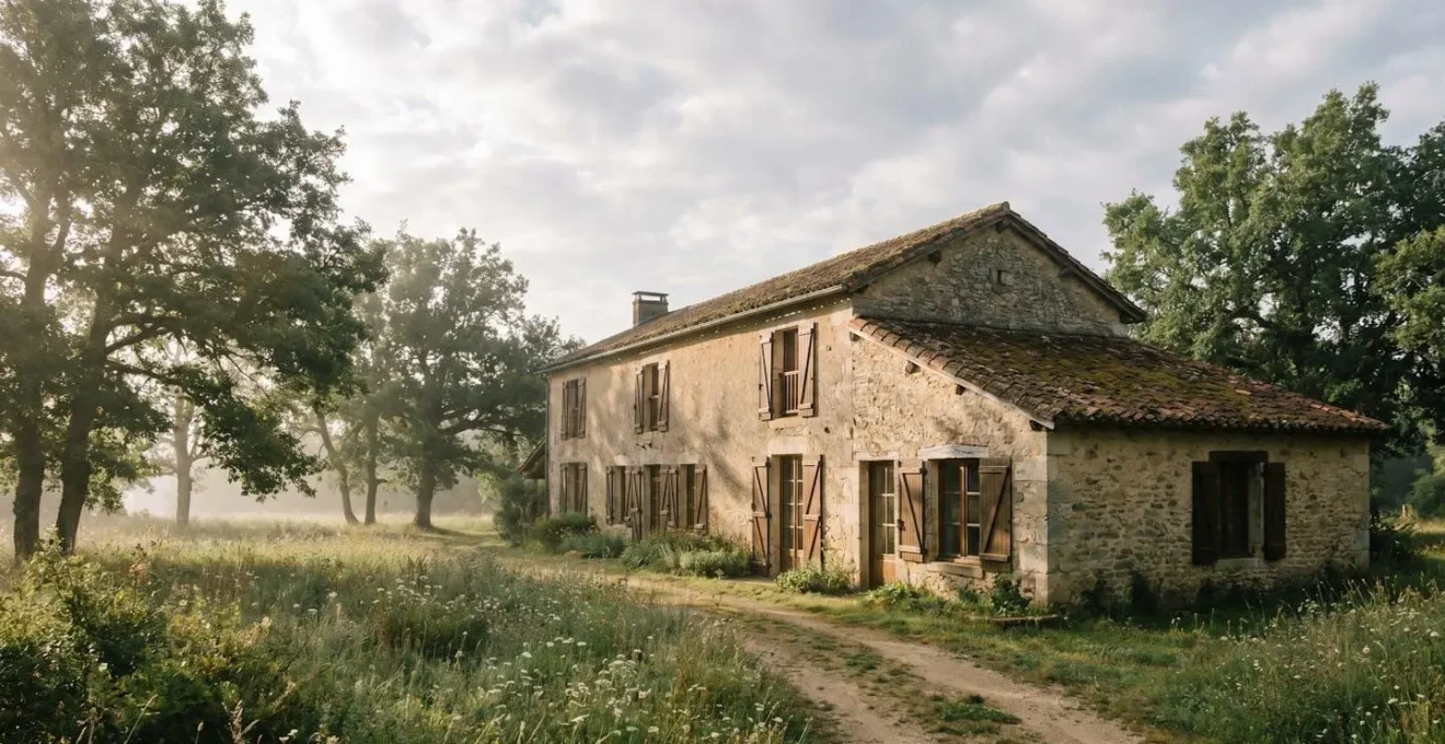 Gîte écologique traditionnel français avec murs en pierre naturelle, entouré de nature verdoyante, évoquant la qualité de l'air et le bien-être familial