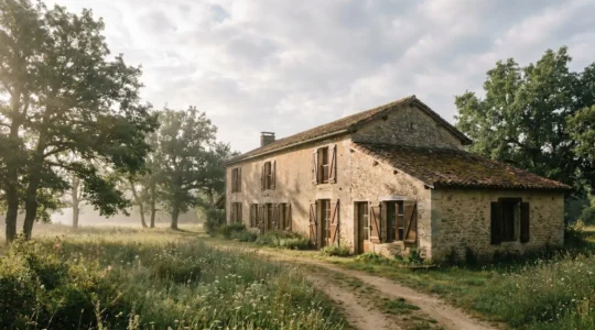 Gîte écologique traditionnel français avec murs en pierre naturelle, entouré de nature verdoyante, évoquant la qualité de l'air et le bien-être familial