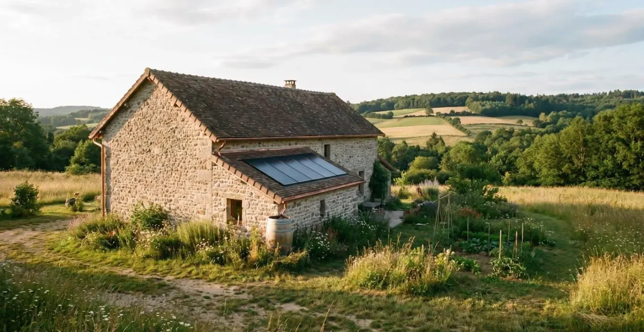 Gîte rural traditionnel français en pierre avec éléments d'éco-rénovation intégrés dans un paysage naturel