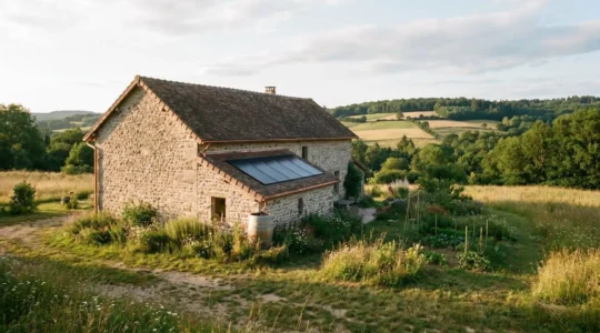 Gîte rural traditionnel français en pierre avec éléments d'éco-rénovation intégrés dans un paysage naturel