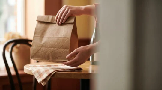 Client emportant une boîte de restes de restaurant dans un contenant écologique, symbole de lutte contre le gaspillage alimentaire
