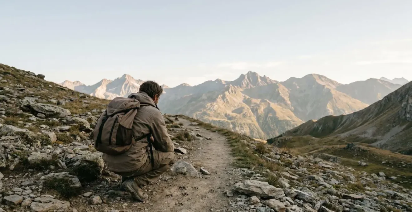 Guide naturaliste observant les traces animales sur un sentier de montagne française