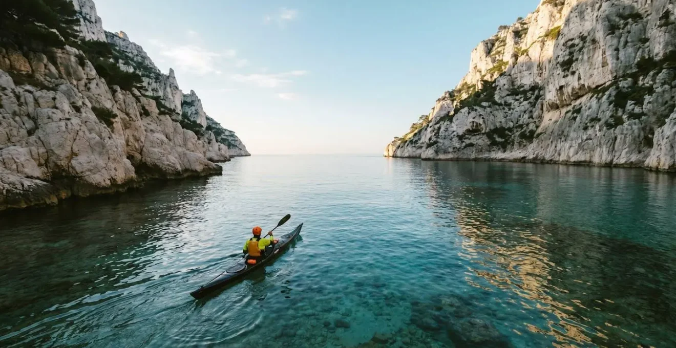 Kayakiste solitaire explorant une crique secrète au lever du soleil dans les calanques françaises