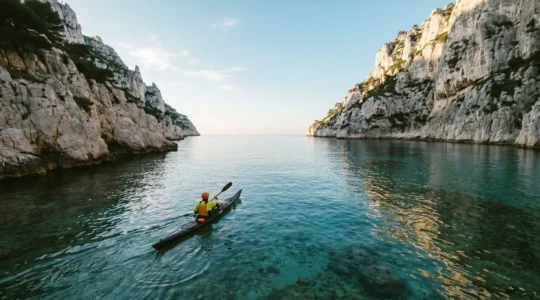 Kayakiste solitaire explorant une crique secrète au lever du soleil dans les calanques françaises