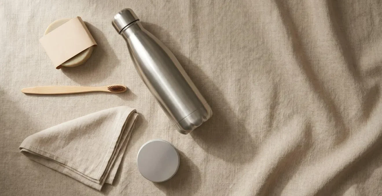 Composition minimaliste d'accessoires de voyage zéro déchet sur fond naturel