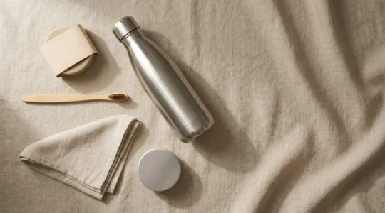 Composition minimaliste d'accessoires de voyage zéro déchet sur fond naturel