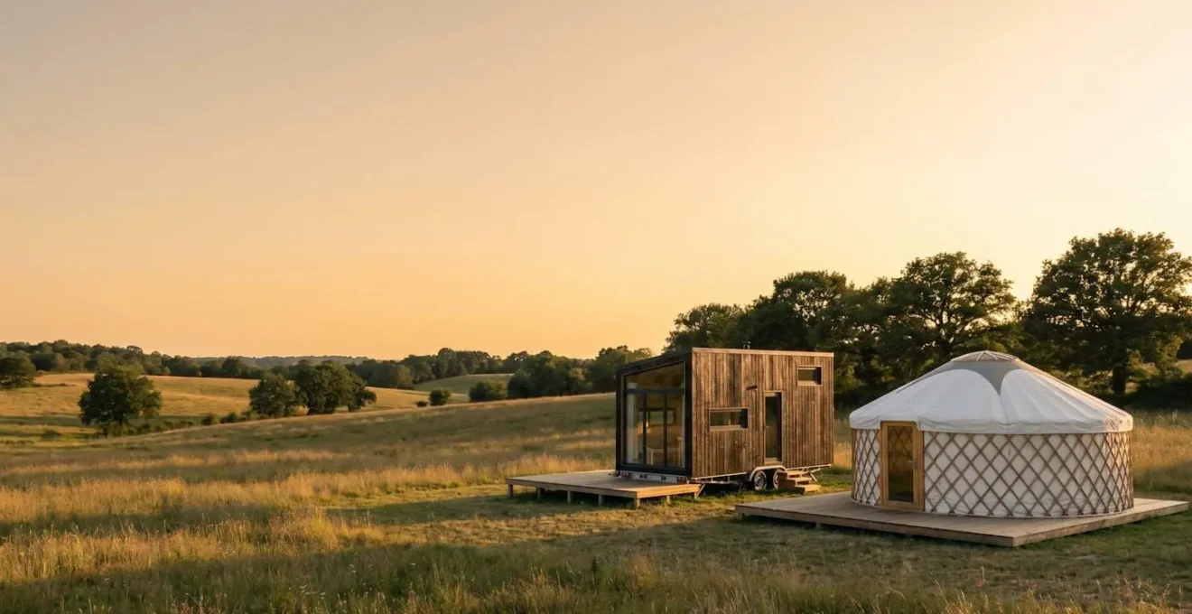 Vue extérieure d'une tiny house et d'une yourte dans un cadre naturel français, illustrant les habitats légers réglementés