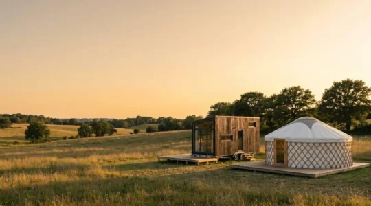 Vue extérieure d'une tiny house et d'une yourte dans un cadre naturel français, illustrant les habitats légers réglementés