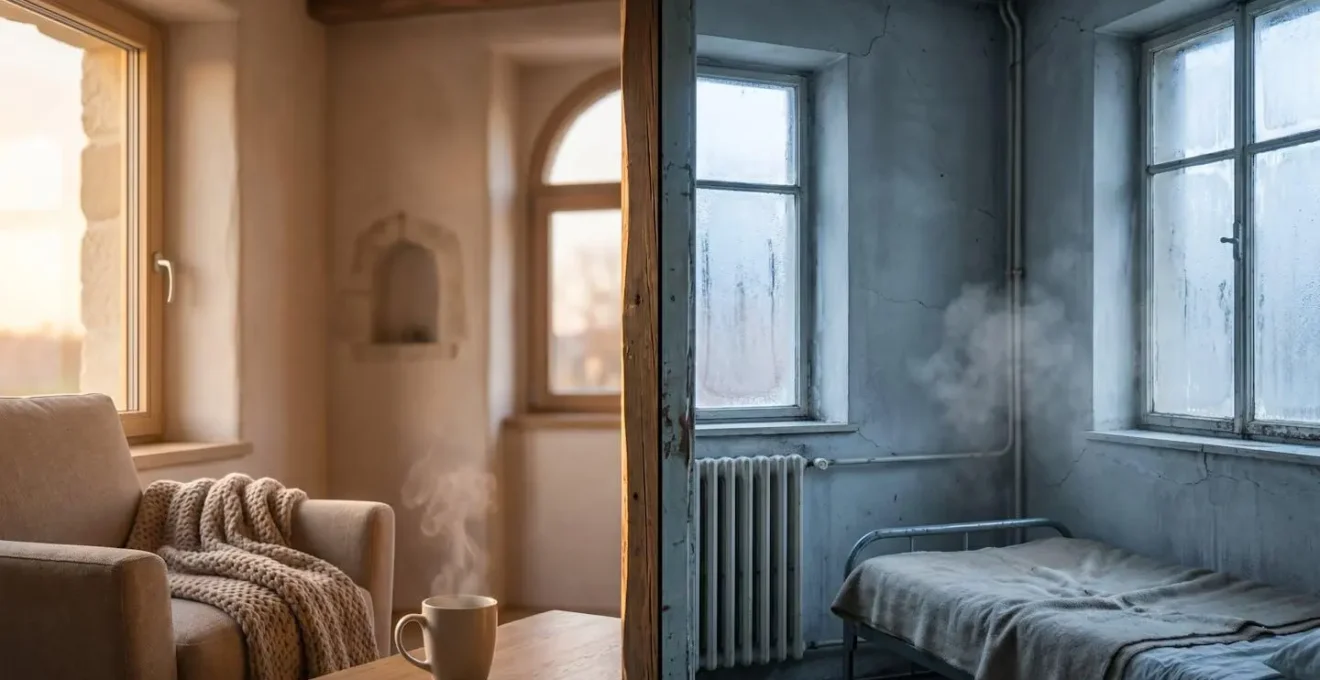 Contraste saisissant entre confort et inconfort thermique dans une location de vacances illustrant les impacts d'une mauvaise isolation