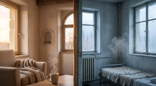 Contraste saisissant entre confort et inconfort thermique dans une location de vacances illustrant les impacts d'une mauvaise isolation