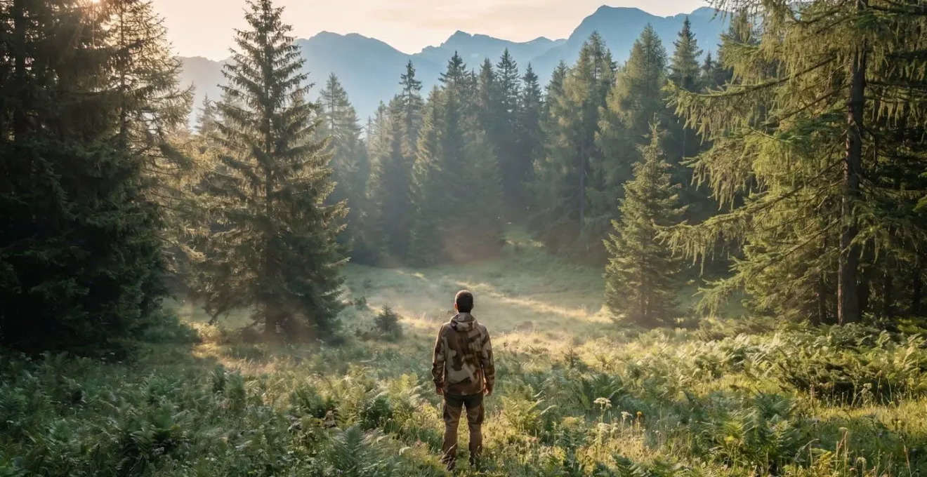 Randonneur observant silencieusement la faune dans une forêt de montagne française au lever du soleil