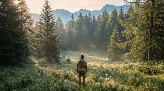 Randonneur observant silencieusement la faune dans une forêt de montagne française au lever du soleil