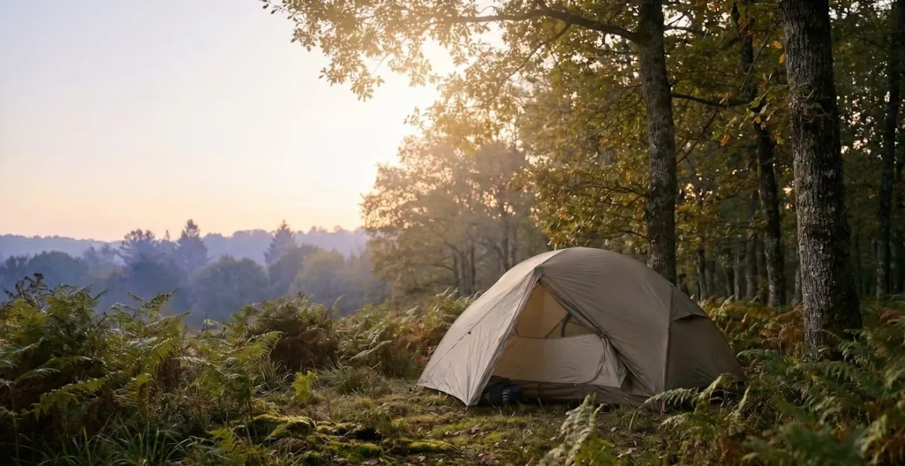 Vue large d'une tente minimaliste plantée dans une clairière de forêt française au coucher du soleil avec espace négatif et lumière naturelle