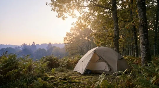 Vue large d'une tente minimaliste plantée dans une clairière de forêt française au coucher du soleil avec espace négatif et lumière naturelle