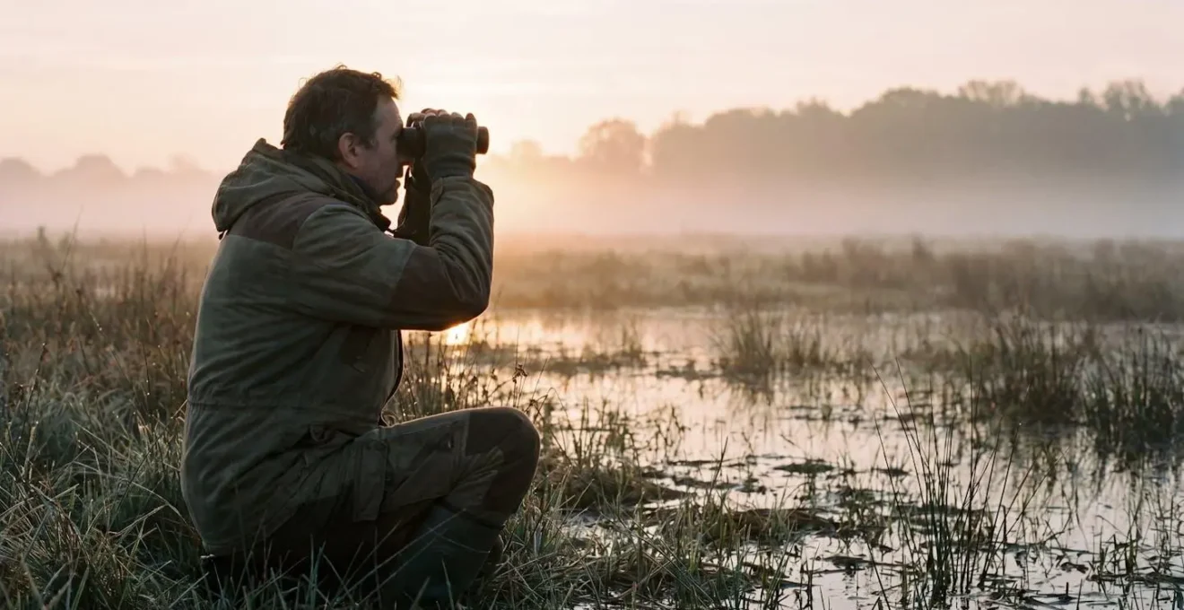 Observateur ornithologique en tenue discrète utilisant des jumelles dans un environnement naturel français au lever du soleil