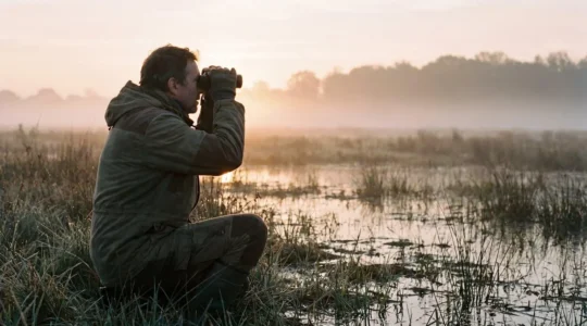 Observateur ornithologique en tenue discrète utilisant des jumelles dans un environnement naturel français au lever du soleil