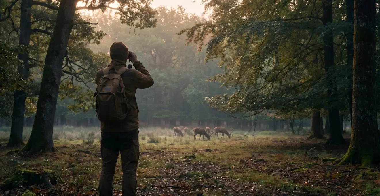 Observateur de la faune en forêt française pratiquant une approche respectueuse de l'écosystème
