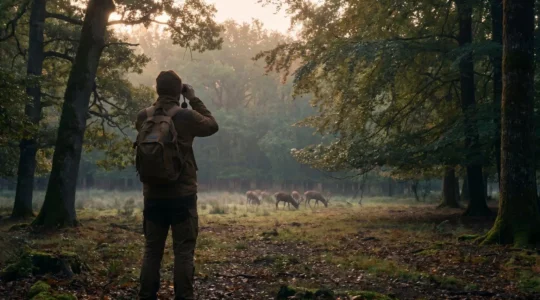 Observateur de la faune en forêt française pratiquant une approche respectueuse de l'écosystème