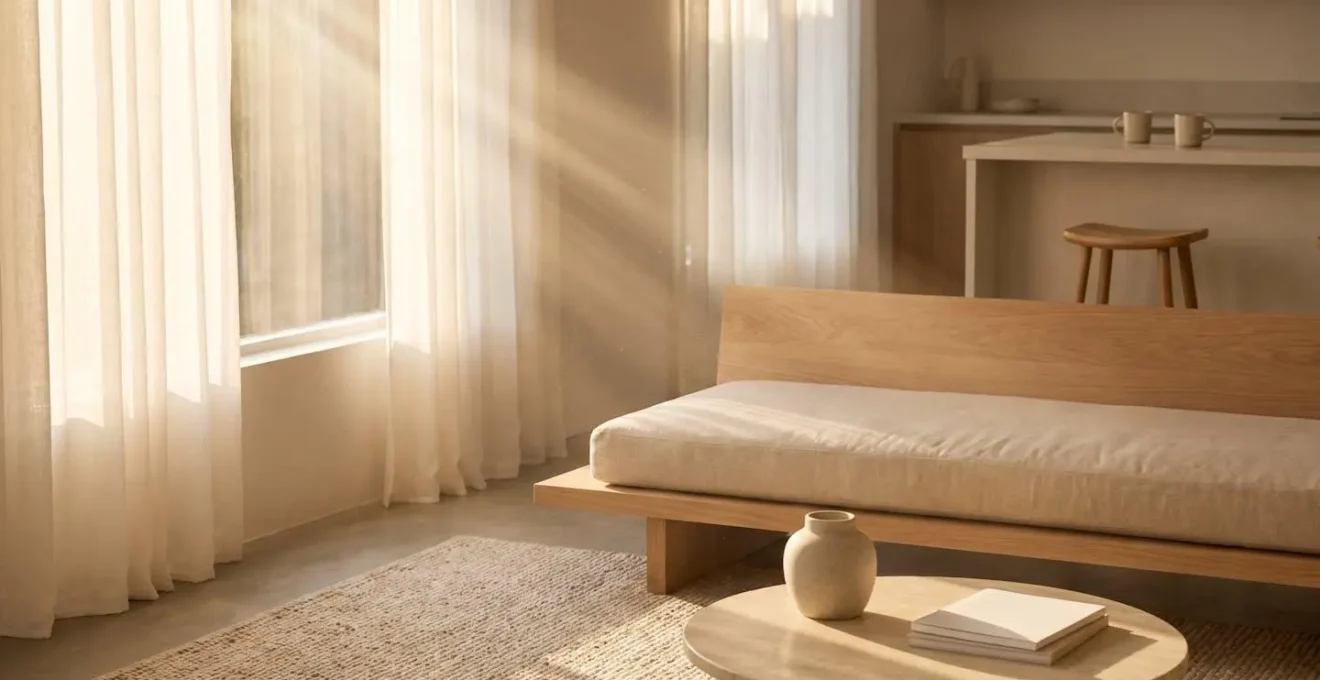 Scène minimaliste d'un intérieur de location avec espace de vie épuré et lumineux évoquant la qualité de l'air intérieur