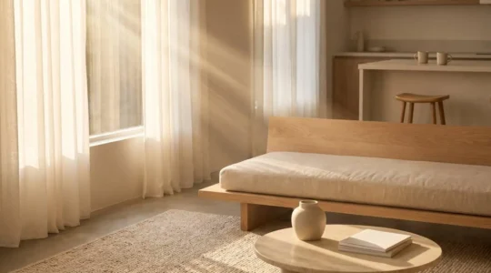 Scène minimaliste d'un intérieur de location avec espace de vie épuré et lumineux évoquant la qualité de l'air intérieur