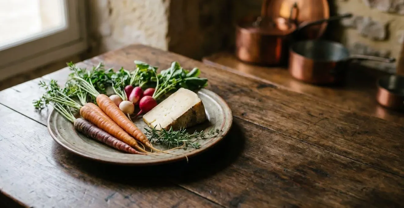 Assiette gastronomique mettant en valeur des produits du terroir français dans un décor chaleureux de restaurant authentique