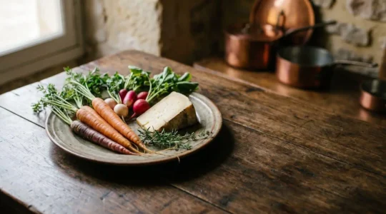 Assiette gastronomique mettant en valeur des produits du terroir français dans un décor chaleureux de restaurant authentique