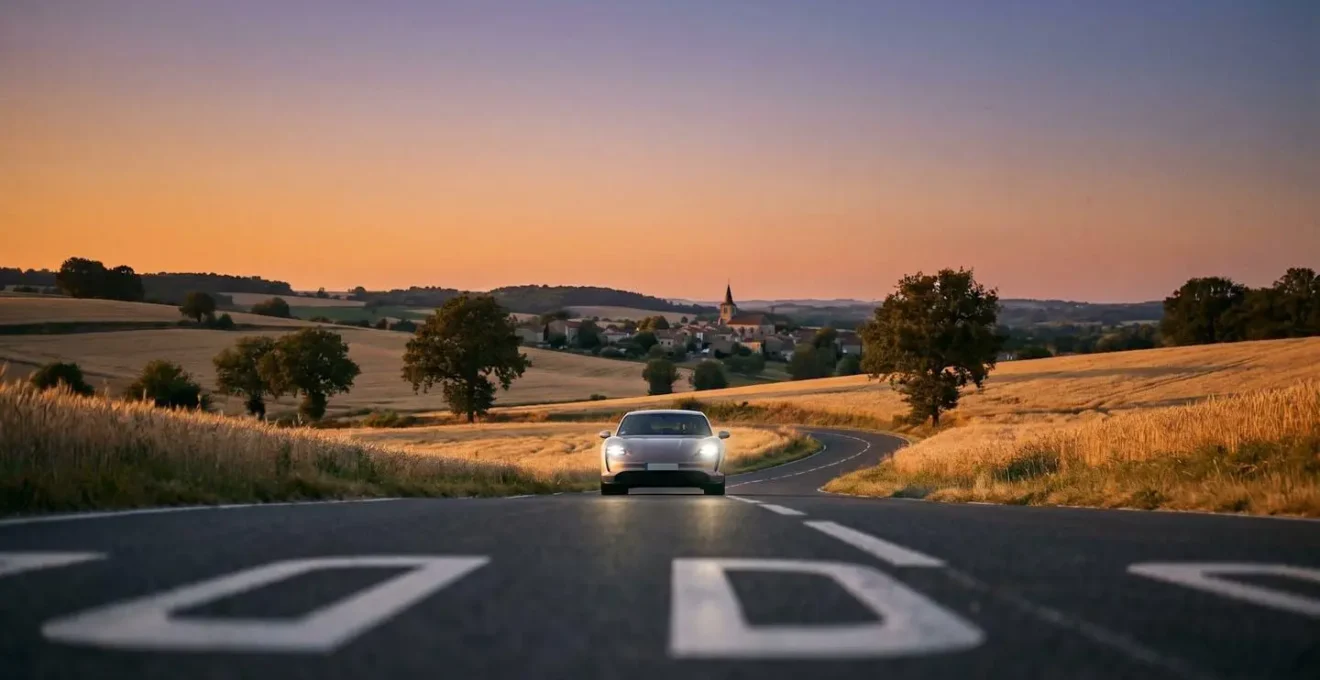 Voiture électrique moderne sur une route départementale traversant la campagne française au crépuscule
