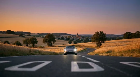 Voiture électrique moderne sur une route départementale traversant la campagne française au crépuscule